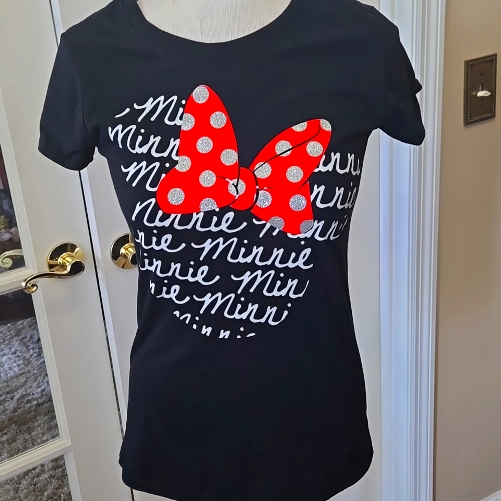 Disney Black Red Gold Sparkle Bow Minnie Mouse Tee Short Sleeve Crew Neck Lg EUC